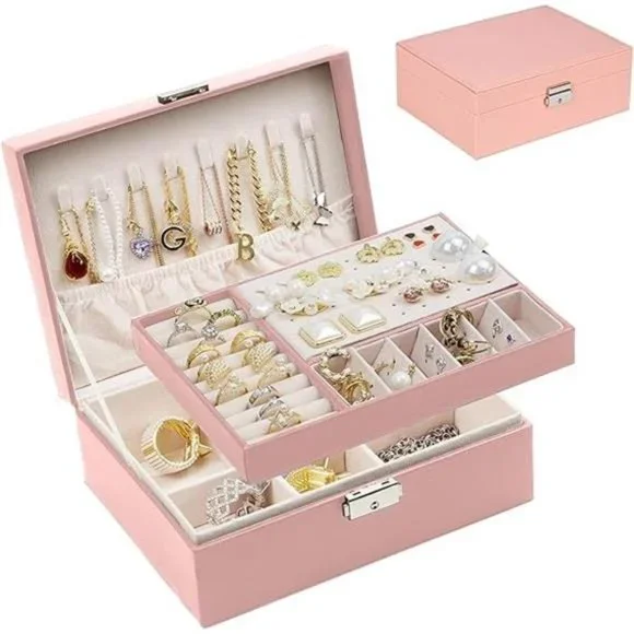 Jewelry Organizer 2 Layer Jewelry Storage Box PU Leather Soft Lining with Lock